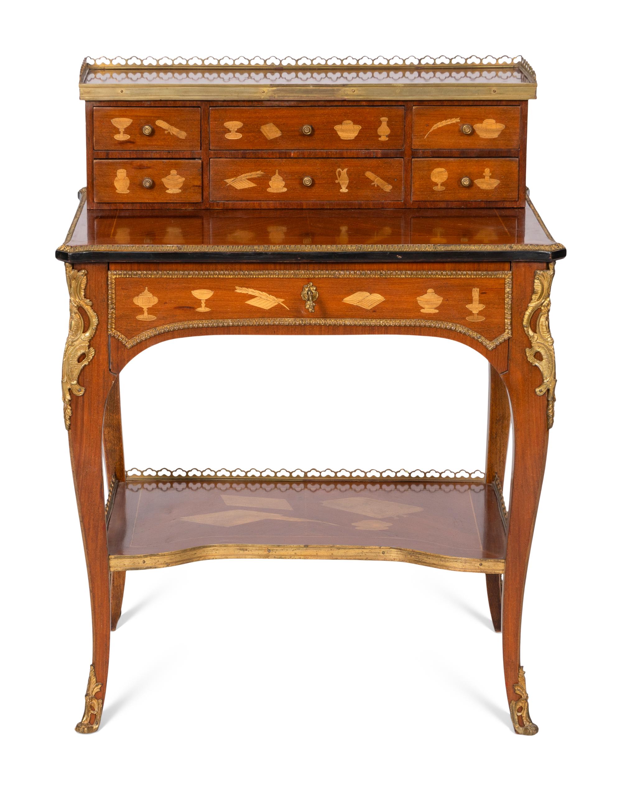 A Louis XV Style Gilt Bronze Mounted Marquetry Bonheur Du Jour