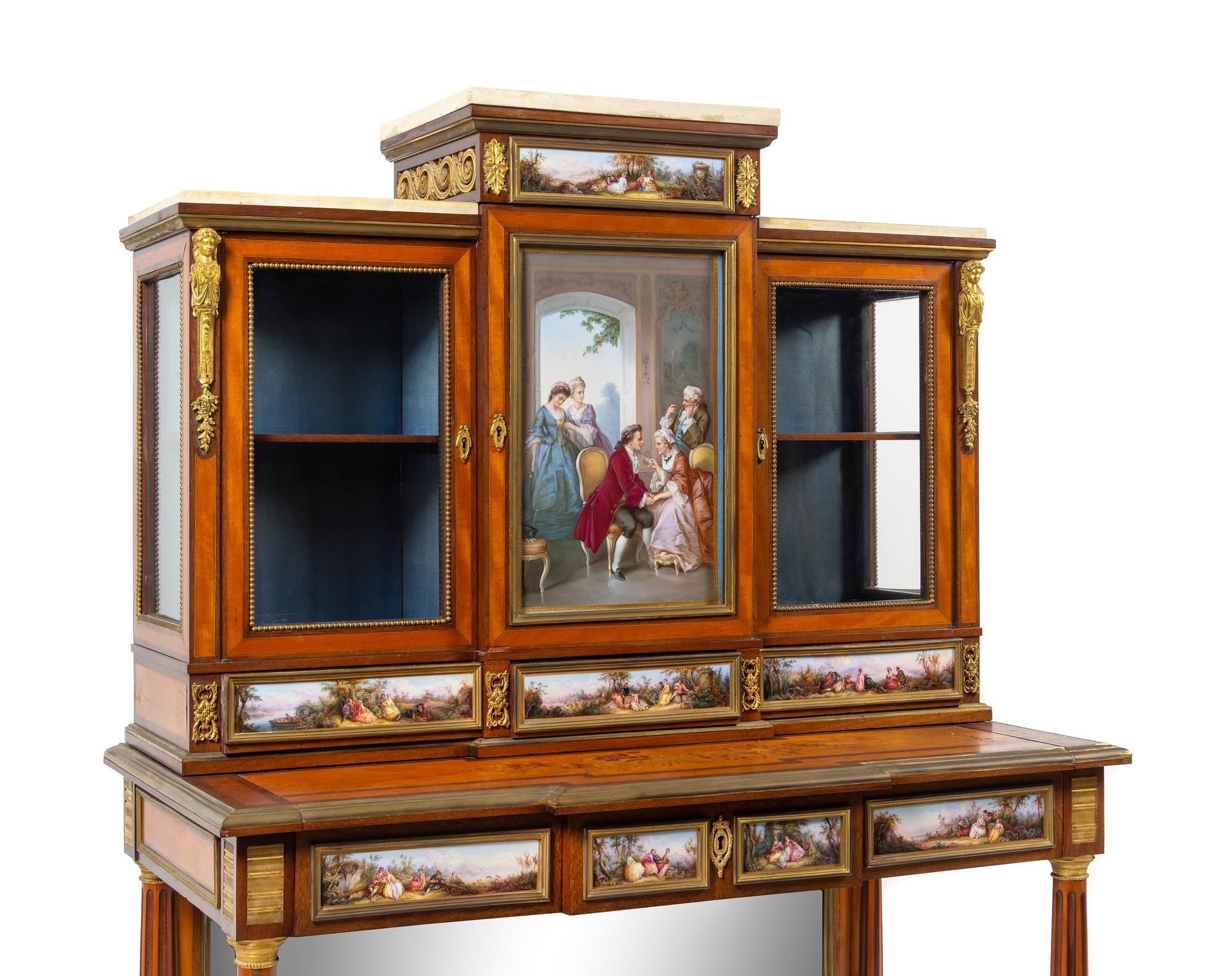 A Louis XVI Style Gilt Bronze and Meissen Porcelain Mounted Marquetry Secrétaire Bibliothèque