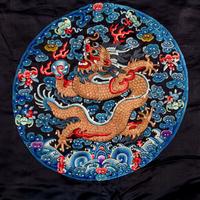 A Chinese Dark Navy Ground Embroidered Silk 'Dragon' Robe, 19th Century 清晚期 石青緞繡八團五爪龍褂