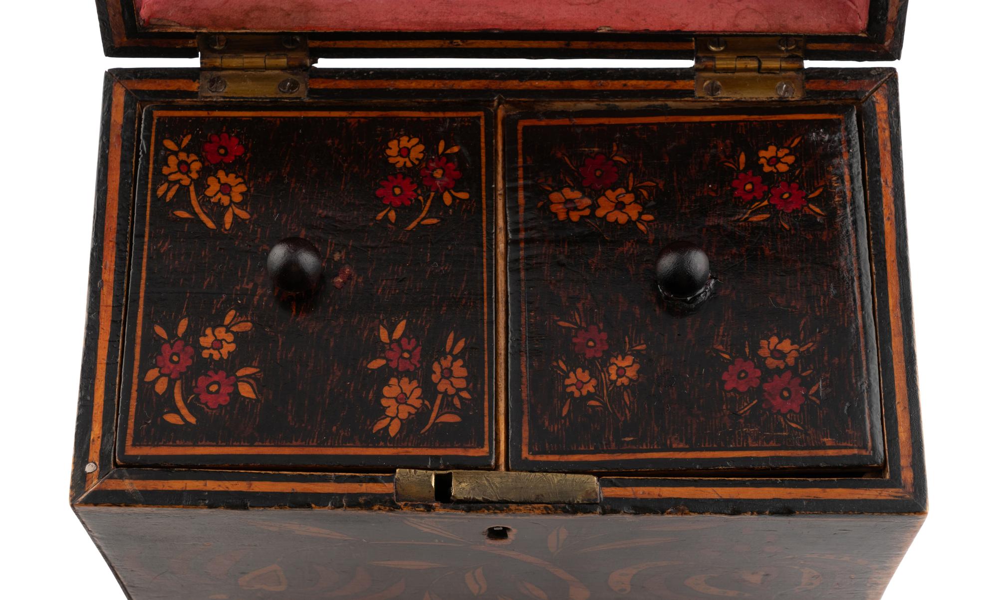 A Group of Three English Polychrome Decorated Tea Caddies