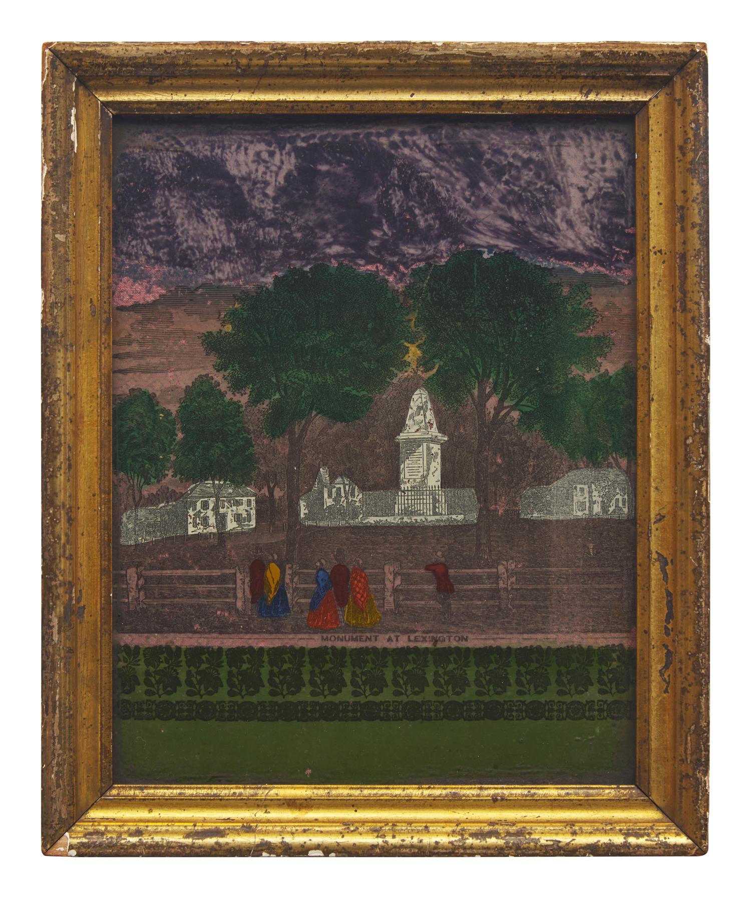 A Reverse Glass Printed and Painted Picture of the Revolutionary War Monument in Lexington, Massachusetts