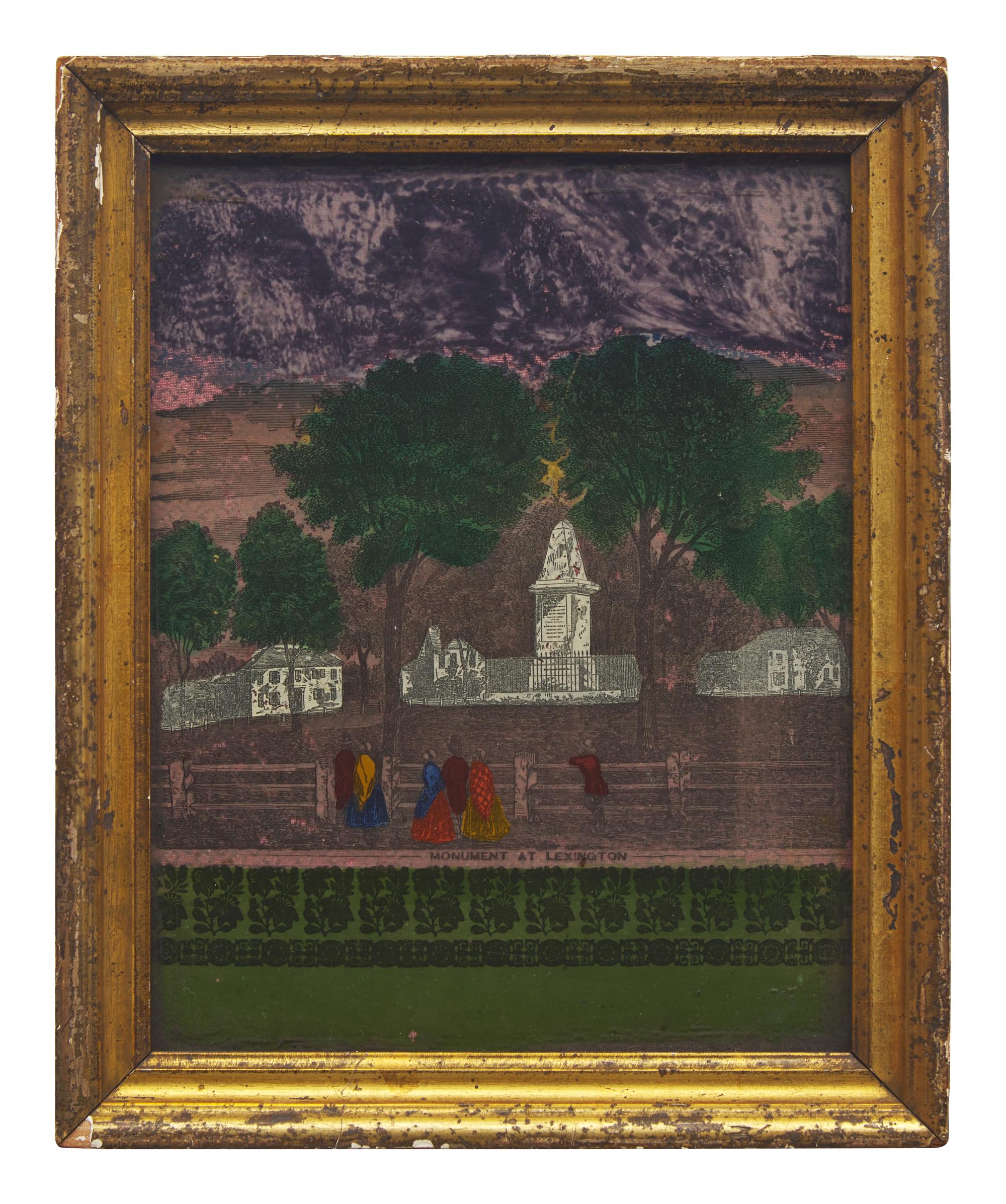 A Reverse Glass Printed and Painted Picture of the Revolutionary War Monument in Lexington, Massachusetts