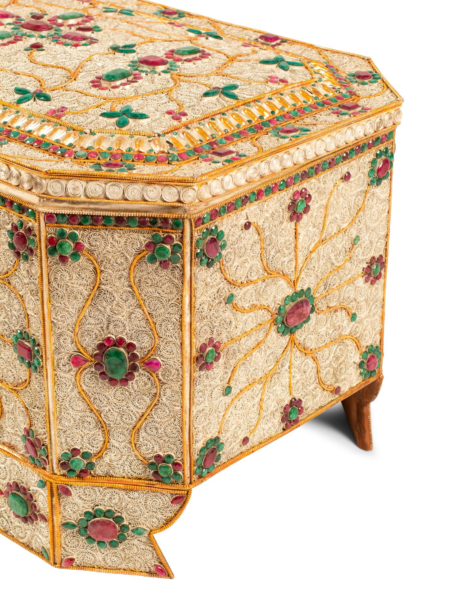 A Mughal Style Ruby, Emerald, Silvered and Gilt Filigree Table Casket