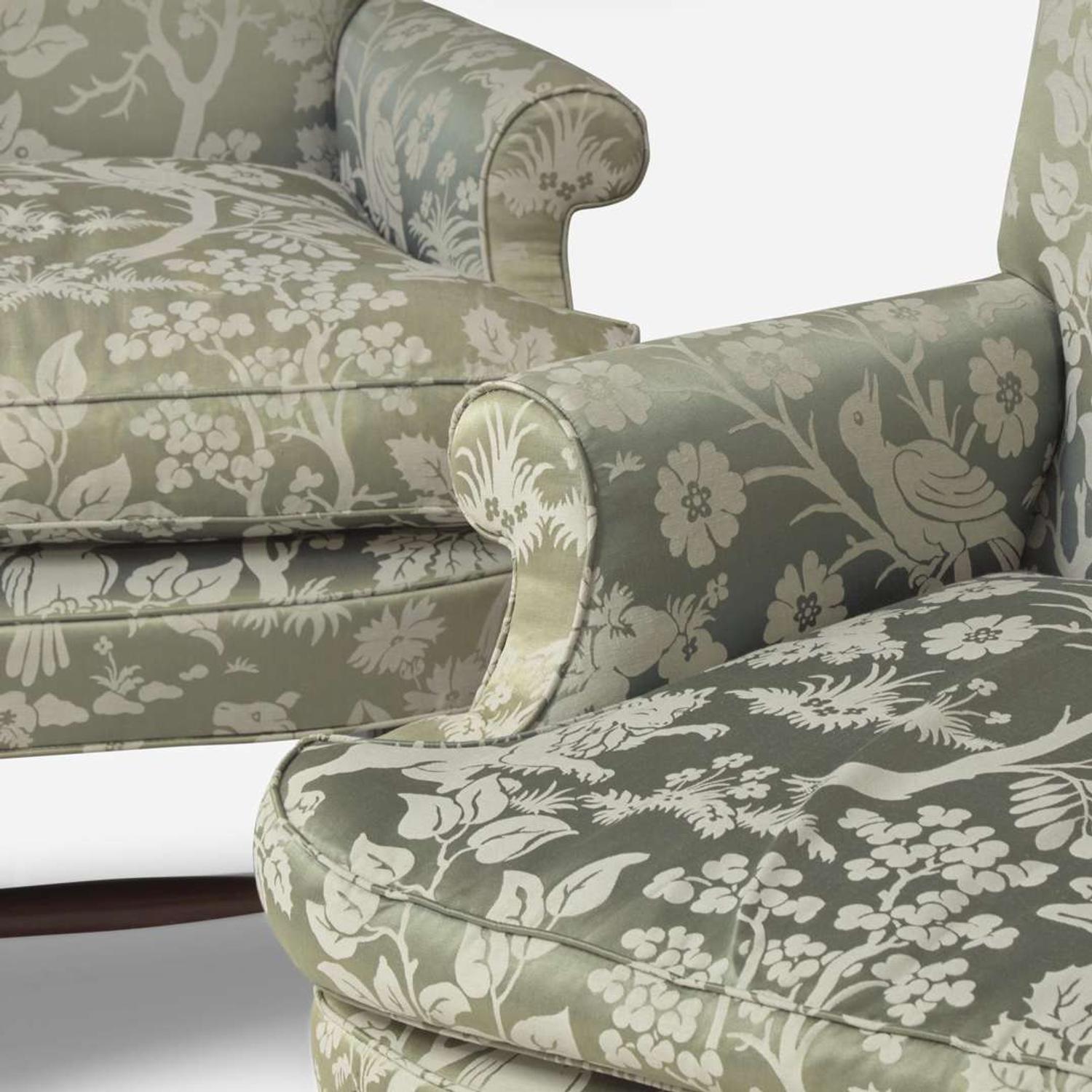 A pair of Queen Anne style walnut settees with silk damask upholstery late 19th / early 20th century