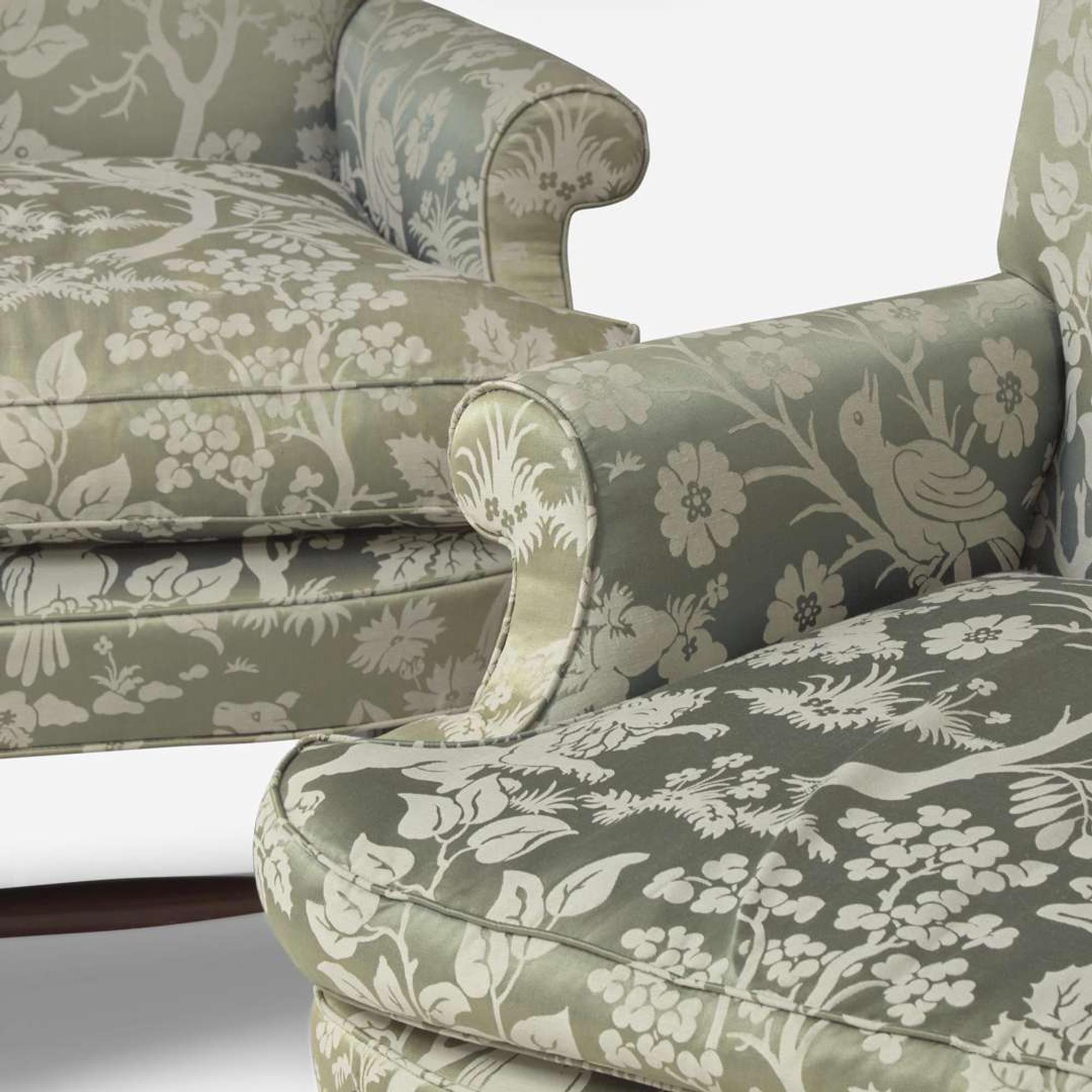 A pair of Queen Anne style walnut settees with silk damask upholstery late 19th / early 20th century