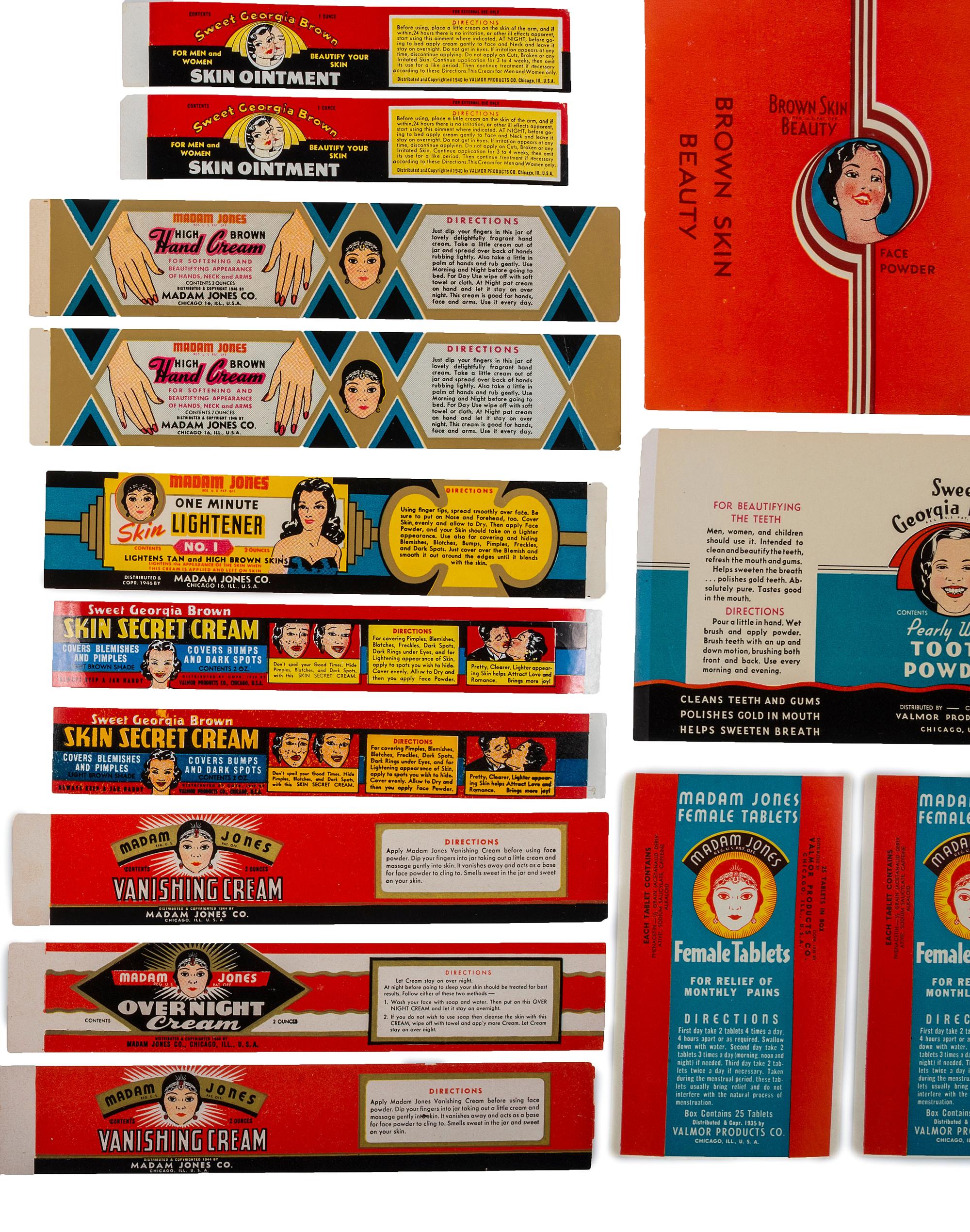 [ADVERTISING]. Hy-Beaute Hair Dressings placard. Atlanta, GA: Hy Beaute Chemical Co., ca early 1950s. [ With: ] Approx. 90 Valmor product labels featuring African American models.
