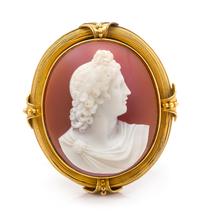An Etruscan Revival Yellow Gold and Agate Cameo Pendant/Brooch, 30.70 dwts.