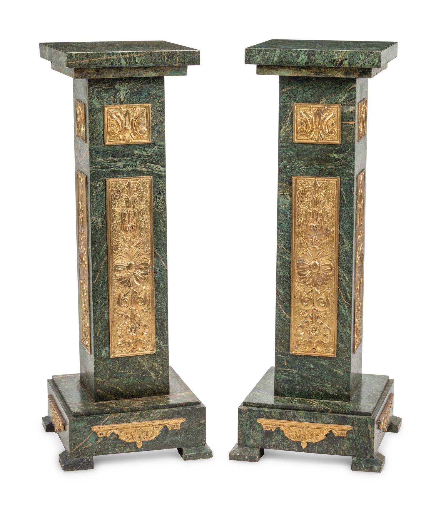 A Pair of Gilt Bronze Mounted Marble Pedestals