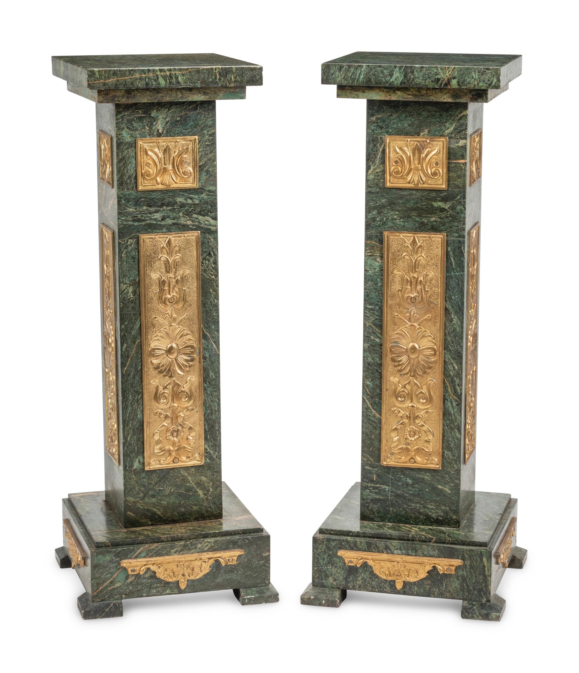 A Pair of Gilt Bronze Mounted Marble Pedestals