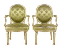 A Pair of Italian Painted and Parcel Gilt Armchairs