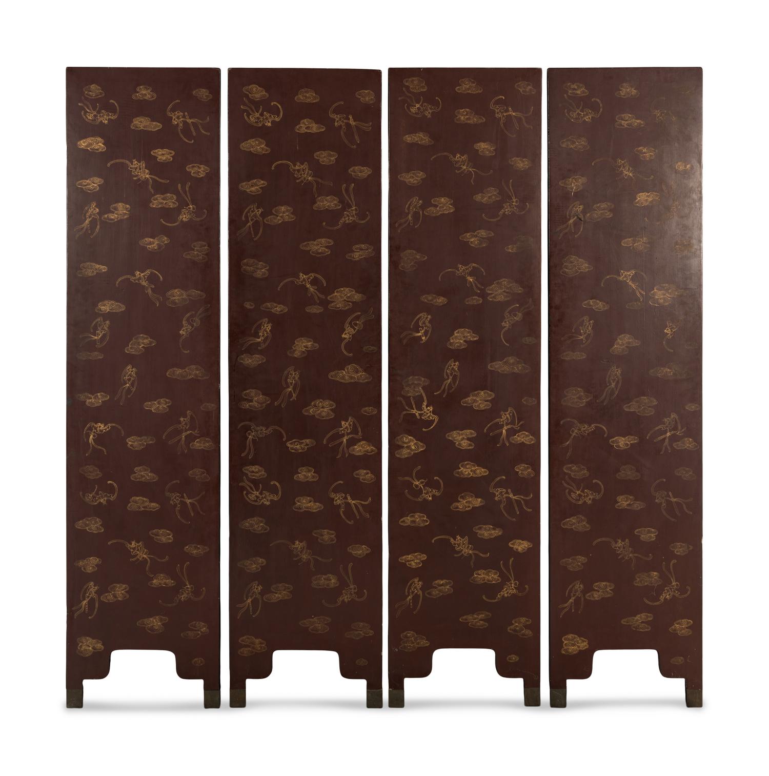 A Chinese Hardstone Inlaid Four-Panel Floor Screen, Late 19th-Early 20th Century 晚清-民國 漆地嵌寶人物瑞獸博古圖四扇屏