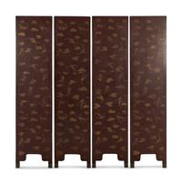 A Chinese Hardstone Inlaid Four-Panel Floor Screen, Late 19th-Early 20th Century 晚清-民國 漆地嵌寶人物瑞獸博古圖四扇屏