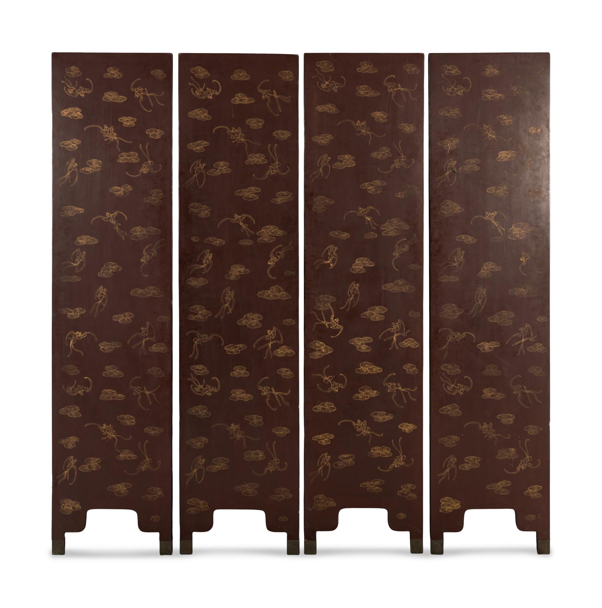 A Chinese Hardstone Inlaid Four-Panel Floor Screen, Late 19th-Early 20th Century 晚清-民國 漆地嵌寶人物瑞獸博古圖四扇屏