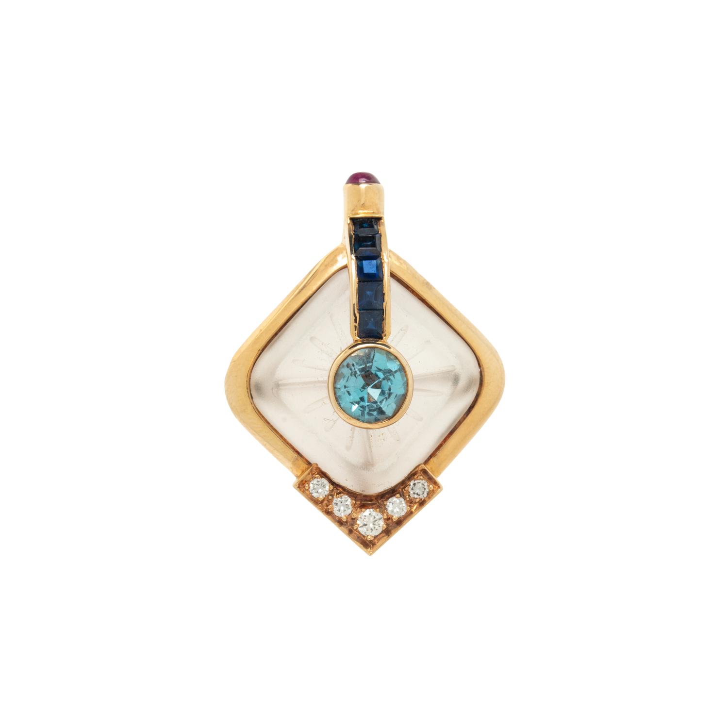 CARVED ROCK CRYSTAL, MULTIGEM AND DIAMOND PENDANT/BROOCH