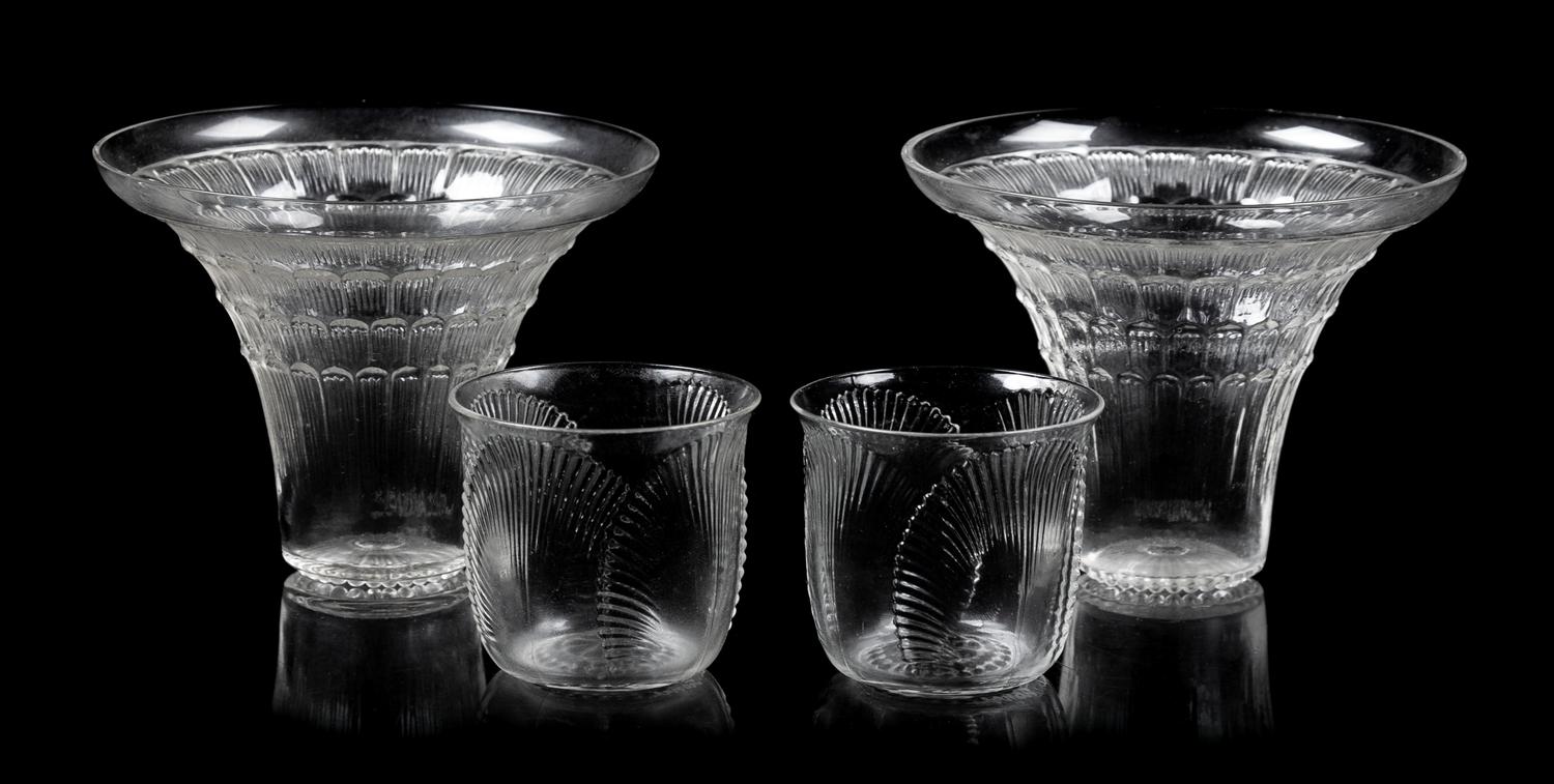 A Pair of Lalique Glasses and a Pair of Shot Glasses Height of tallest 3 1/8 inches.