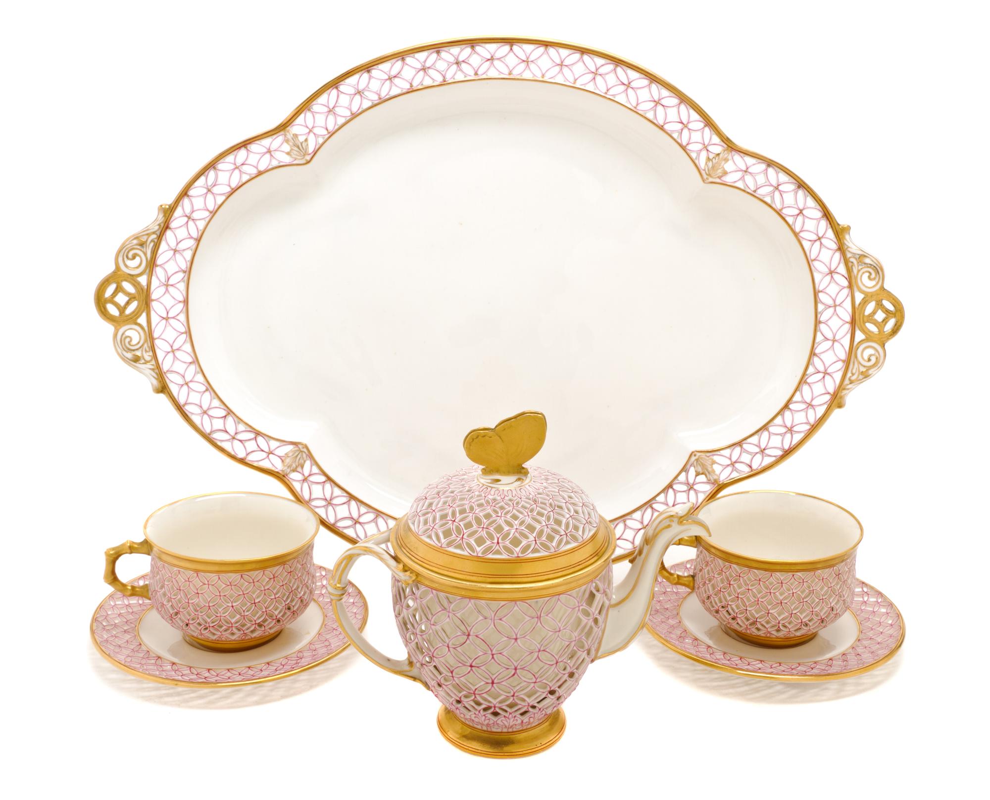 A Crown Derby Porcelain Tete-a-Tete, RETAILED BY TIFFANY & CO., Width of tray over handle 17 1/2 inches. — RETAILED BY TIFFANY & CO.,