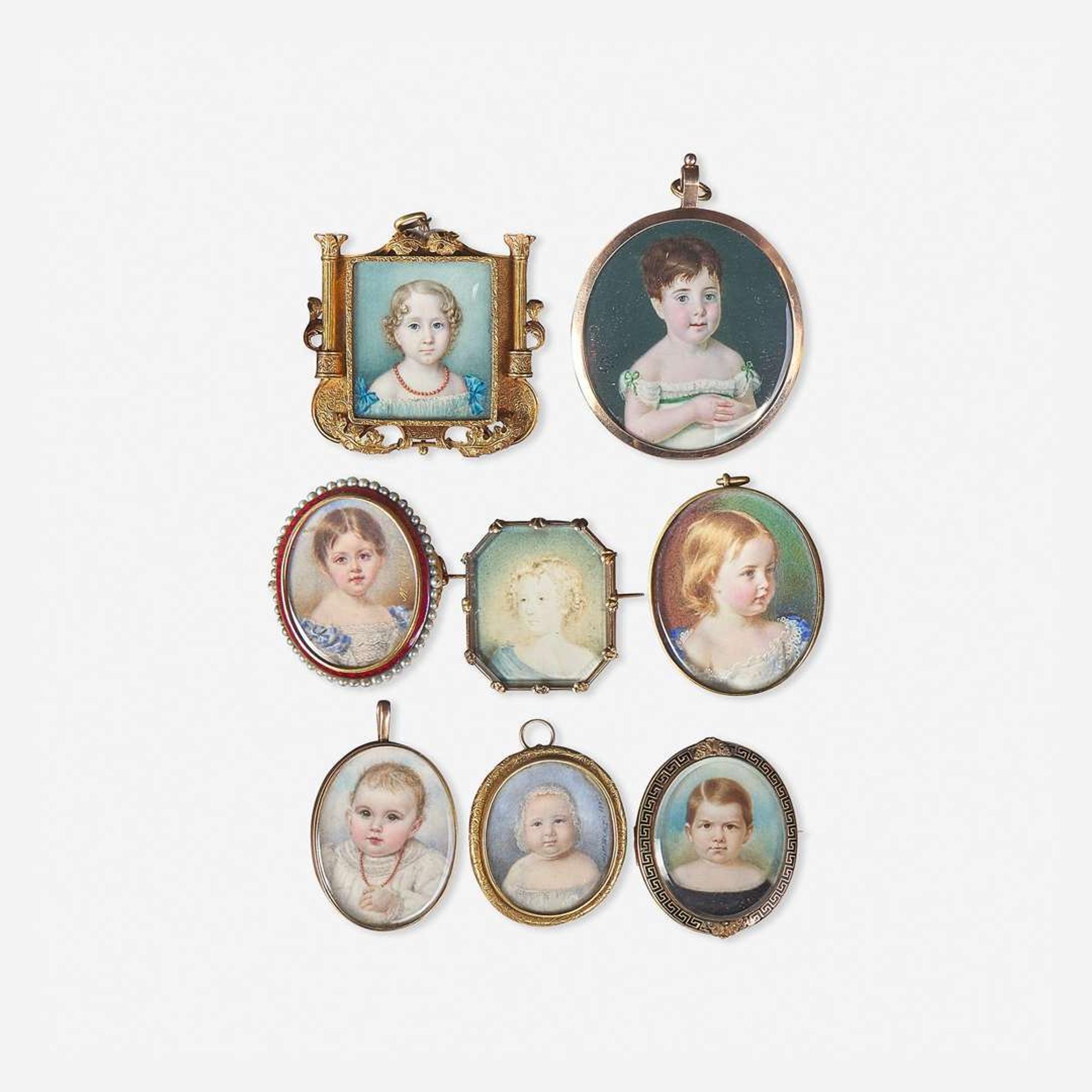 English, French, and Continental School 19th century Group of Eight Portrait Miniatures of Children, early to mid-19th century