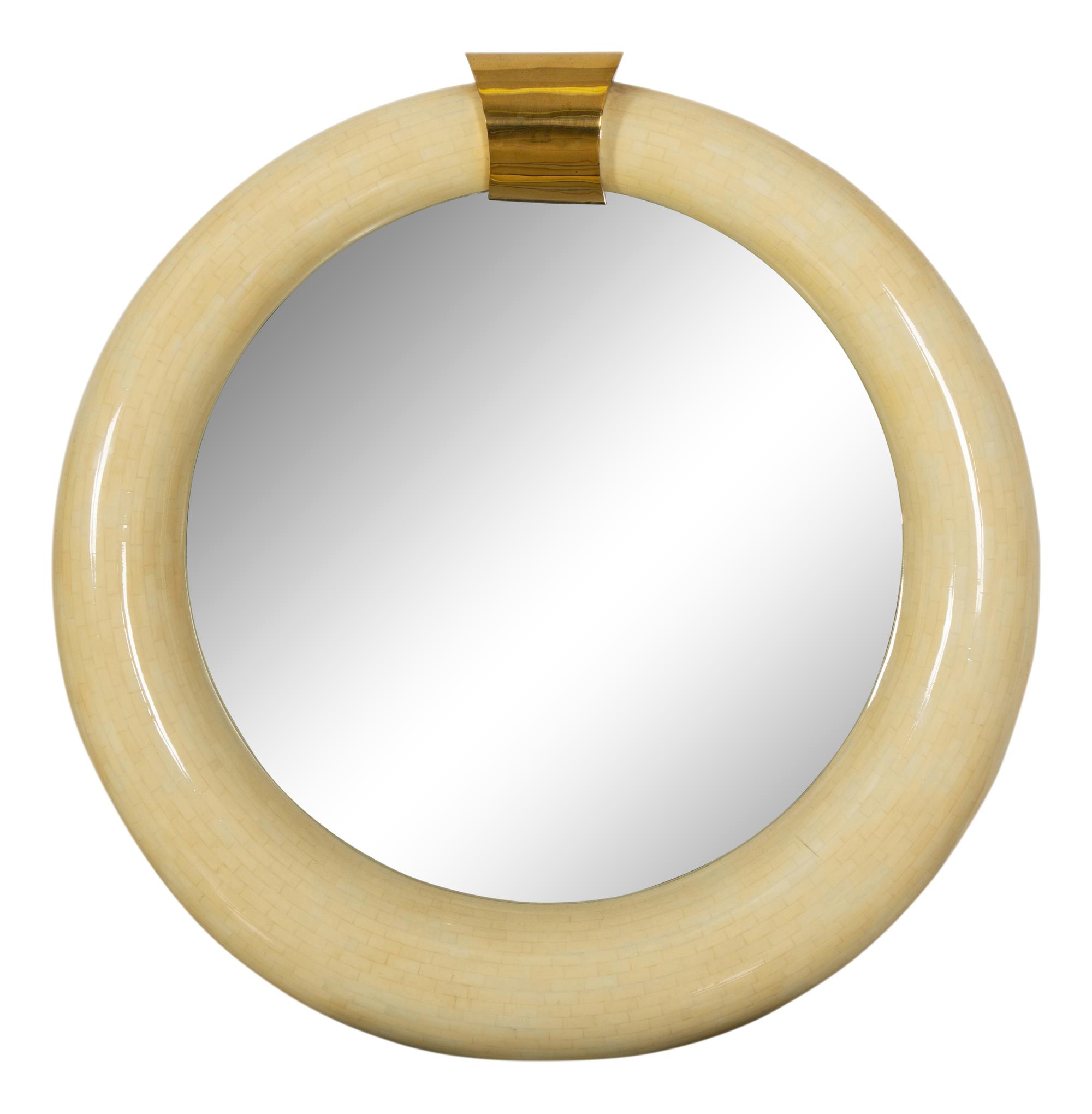 A Mid-Century Tesselated Bone and Brass Circular Mirror