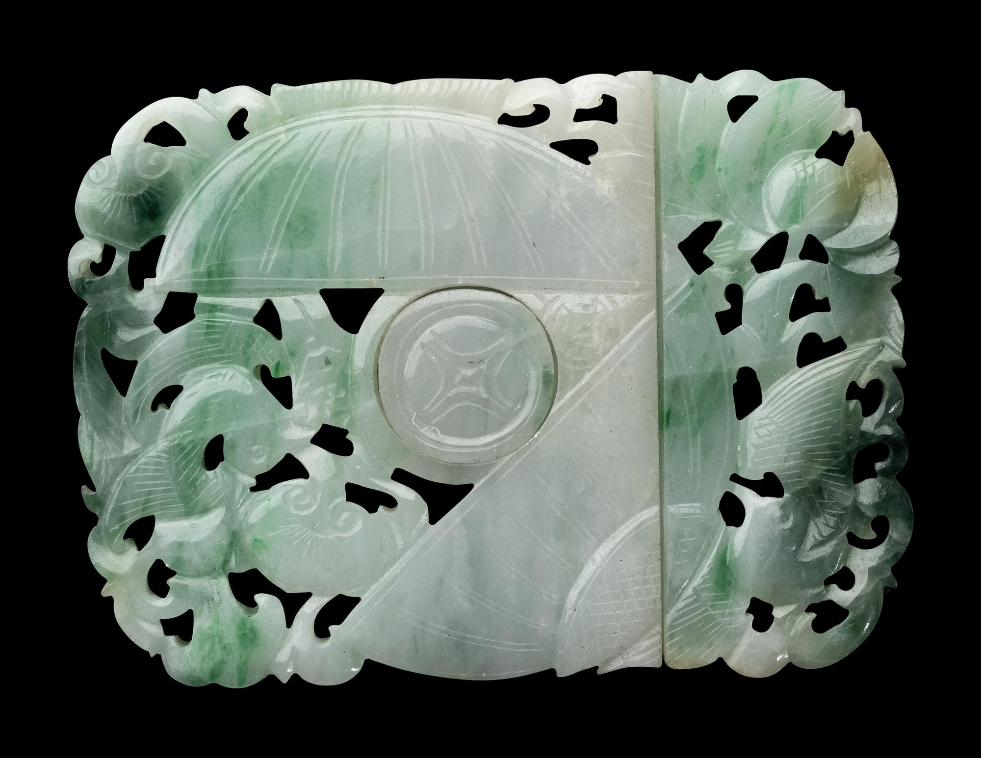 Three Chinese Apple Green and White Jadeite Buckles, 19th-20th Century 清晚期 翡翠帶扣三件