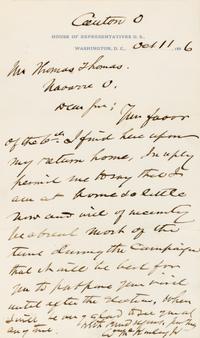 McKINLEY, William. Autographed letter signed ("Wm. McKinley"), as Representative for the state of Ohio, Canton, OH, 11 October 1886.