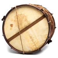 Civil War painted military snare drum featuring four drummers and officer. Manufactured by W.G. Metzerott & Co., Washington City, DC.