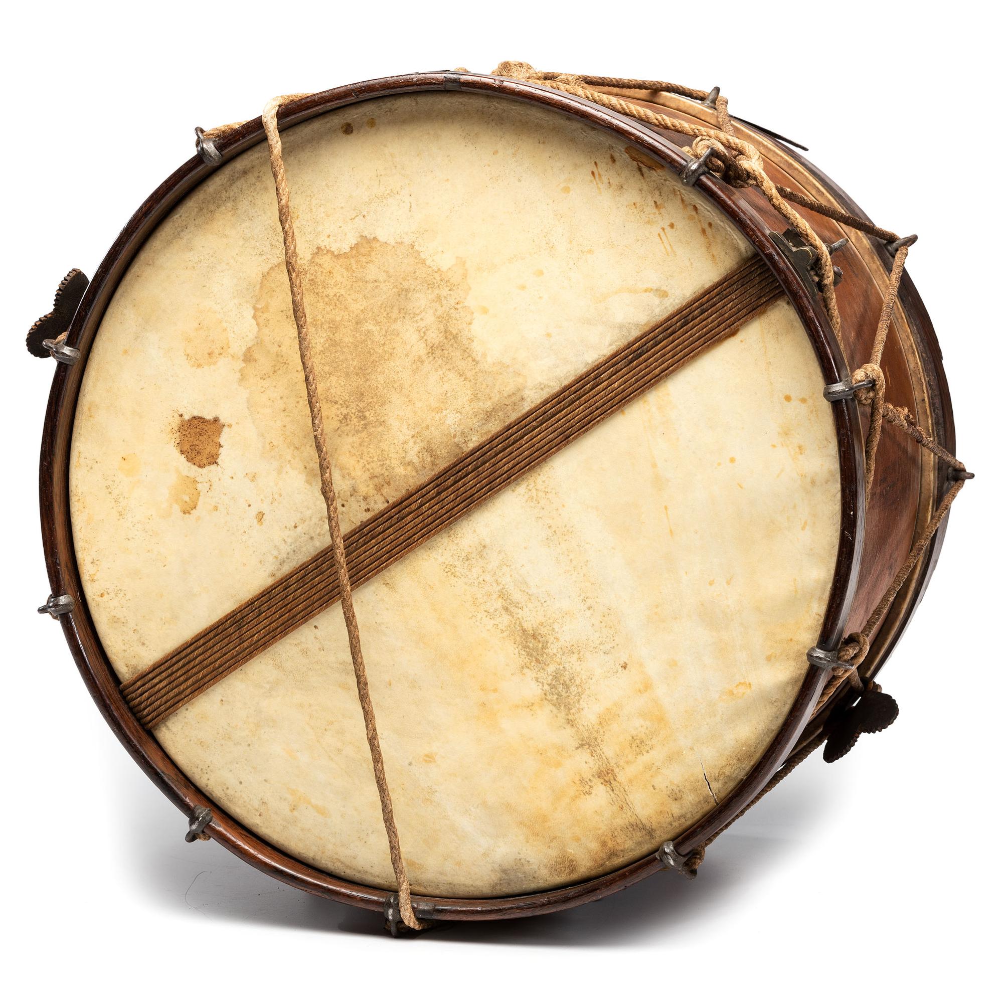 Civil War painted military snare drum featuring four drummers and officer. Manufactured by W.G. Metzerott & Co., Washington City, DC.