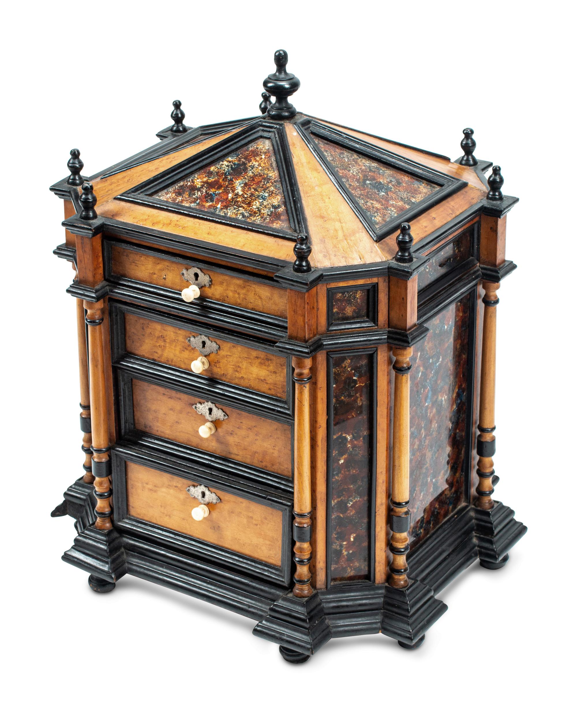 A Continental Birdseye Maple, Ebonized Wood and Painted Foil Table Cabinet