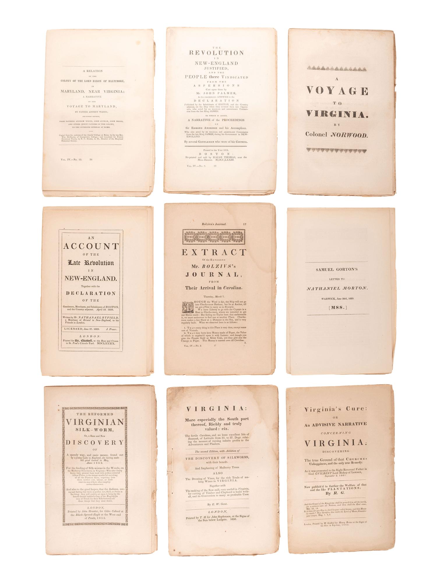 [COLONIAL IMPRINTS]. A collection of 23 mid-19th-century reprints of colonial pamphlets and manuscripts by Peter FORCE, comprising.