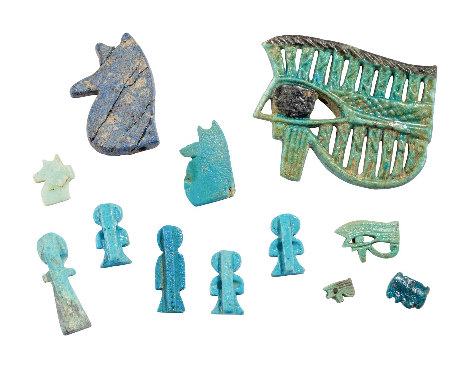 13 Egyptian Faience Tyet and Wadjet Eyes