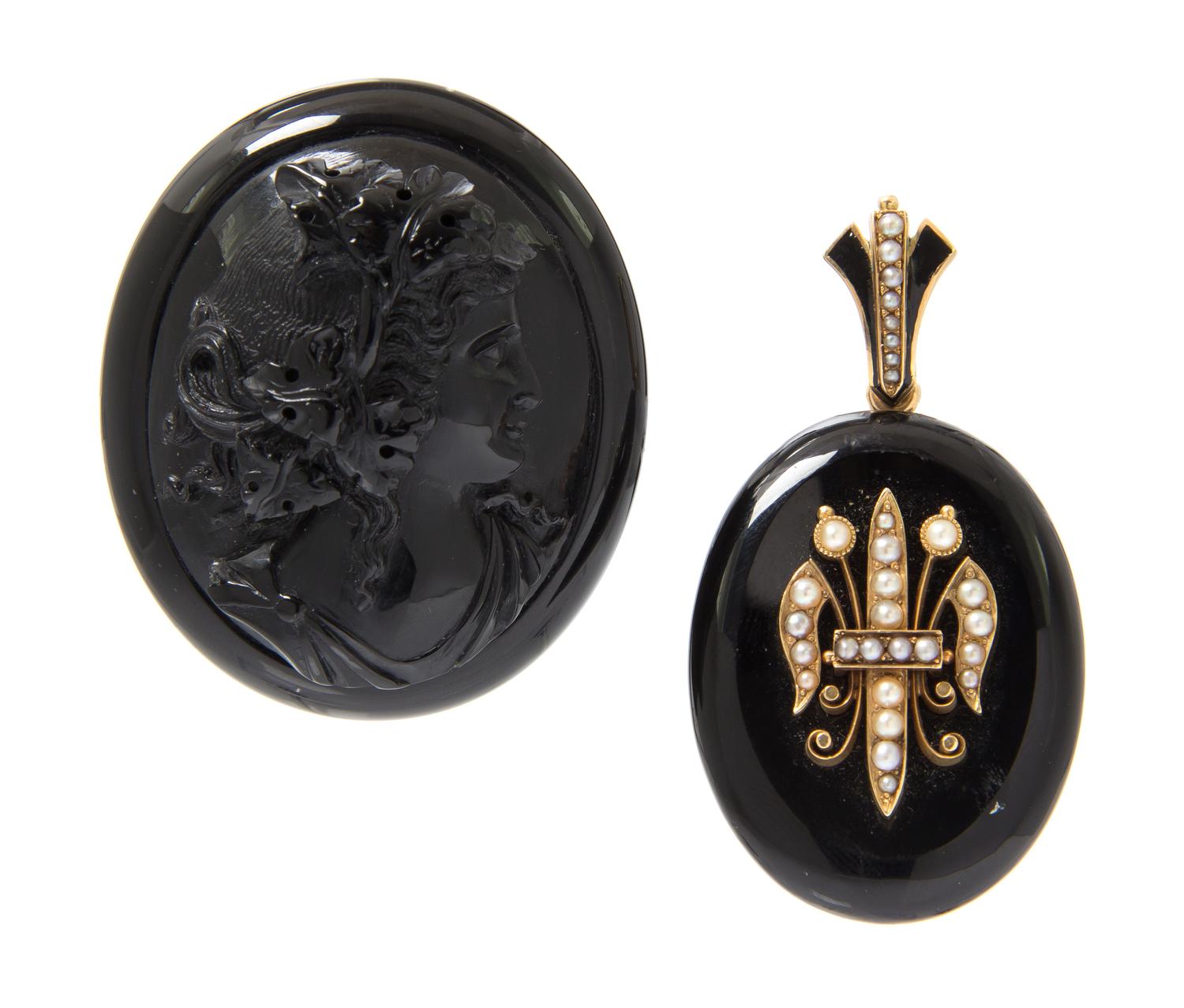 A Victorian Onyx and Seed Pearl Mourning Pendant, 30.50 dwts.