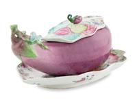 A Chinese Export "Tobacco Leaf" Porcelain Eggplant-Form Sauce Tureen and Underplate