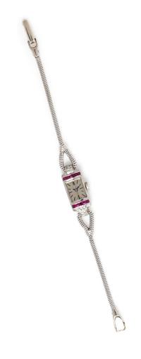 An 18 Karat White Gold, Ruby and Diamond Wristwatch, Movado Factories, 9.60 dwts.