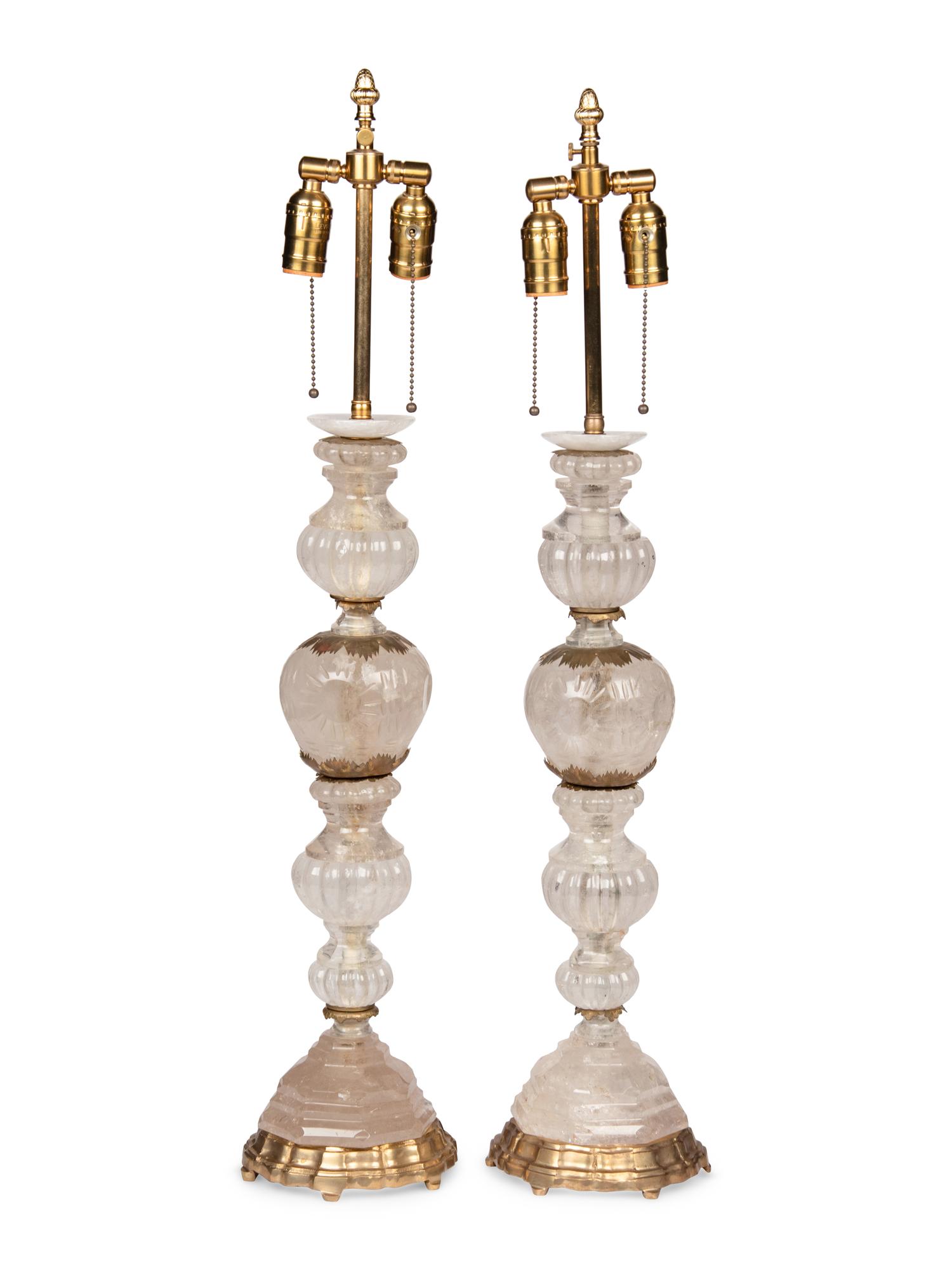 A Pair of Gilt Metal Mounted Rock Crystal Table Lamps