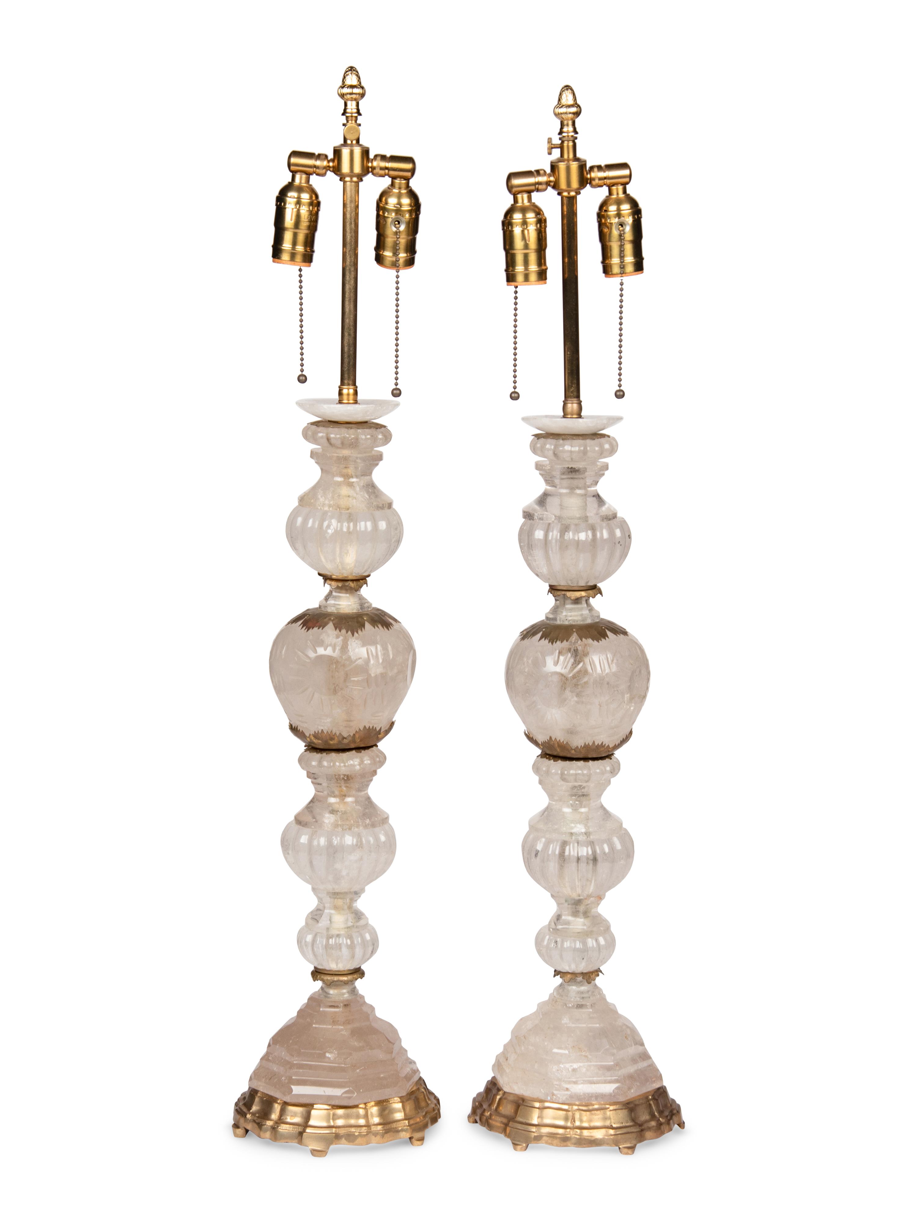 A Pair of Gilt Metal Mounted Rock Crystal Table Lamps