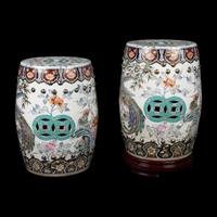 A Pair of Chinese Famille Rose Porcelain Garden Stools, 20th Century — 近代 粉彩花鳥瓷鼓凳一對