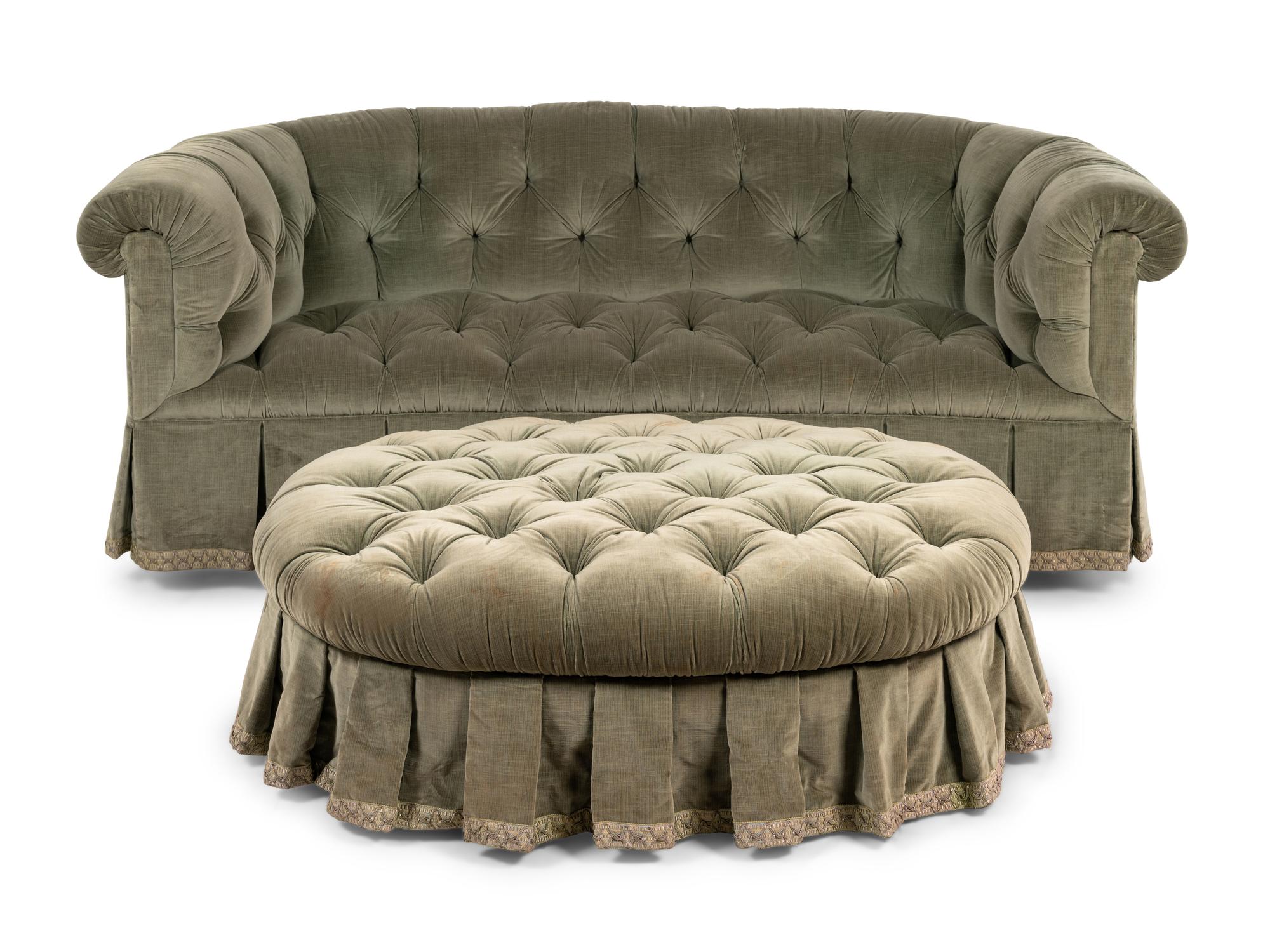 A Green Velvet Button Tufted Sofa and Ottoman