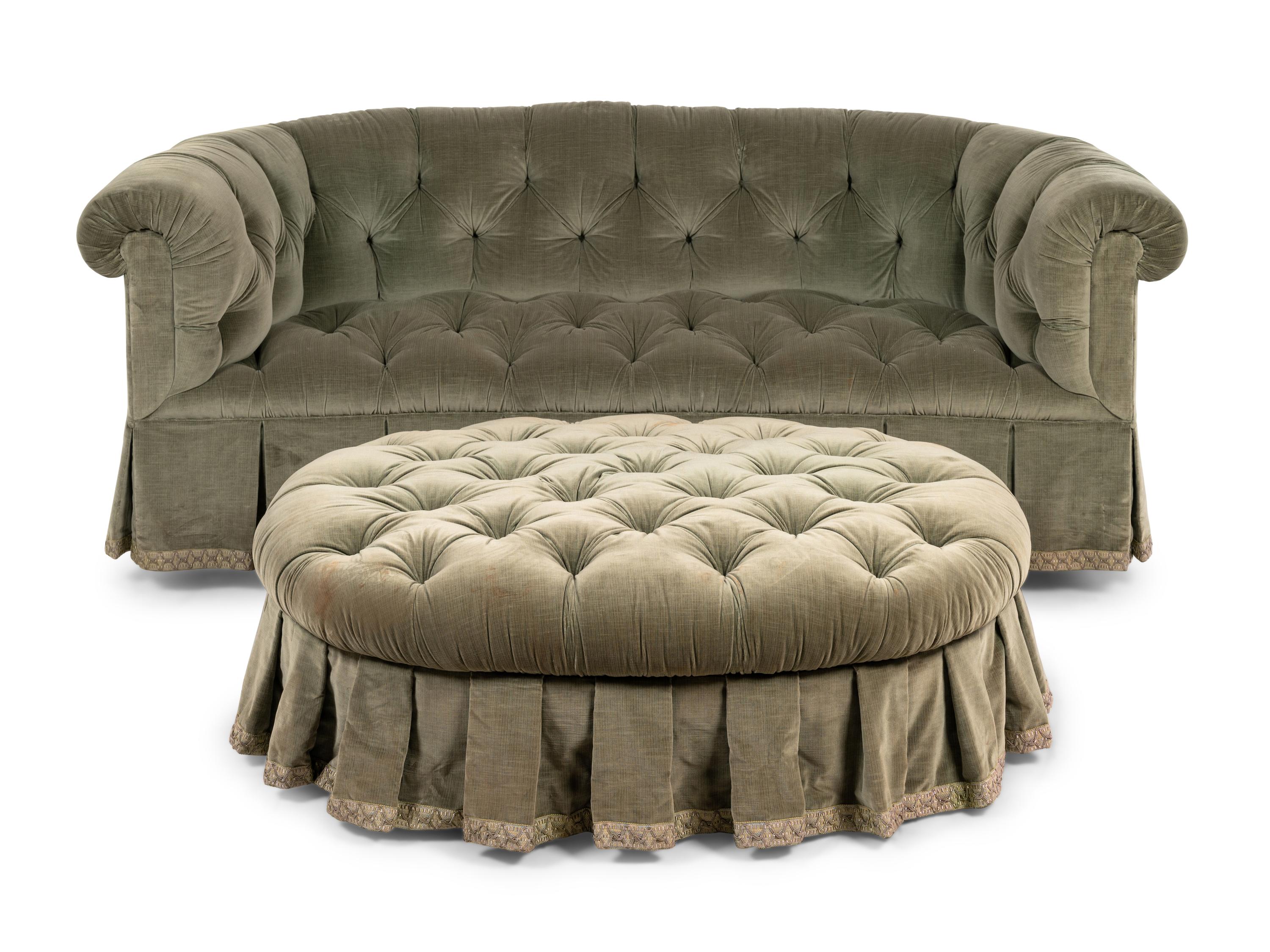 A Green Velvet Button Tufted Sofa and Ottoman