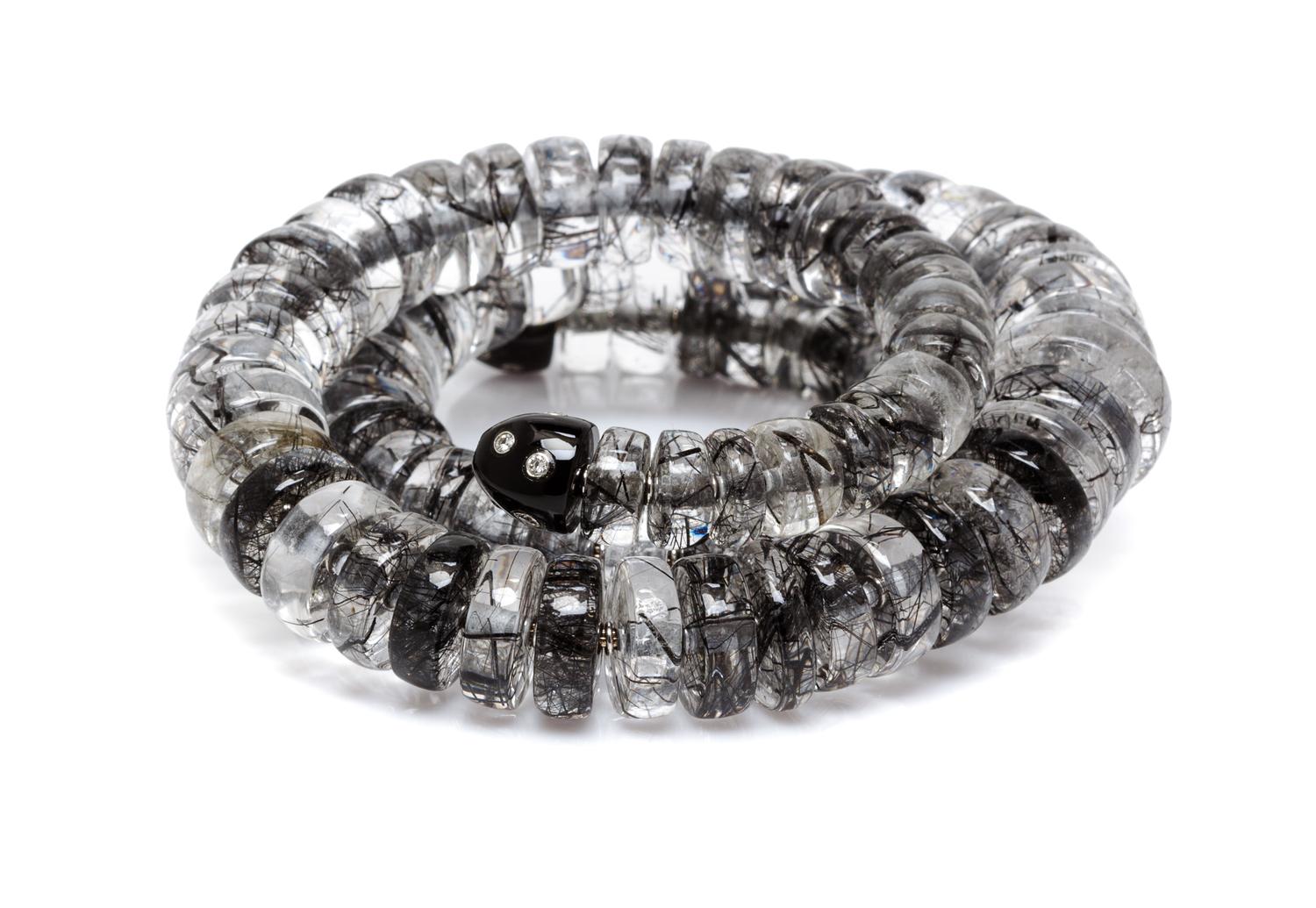 A White Gold, Tourmalinated Quartz, Onyx and Diamond Wrap-Around Bracelet,