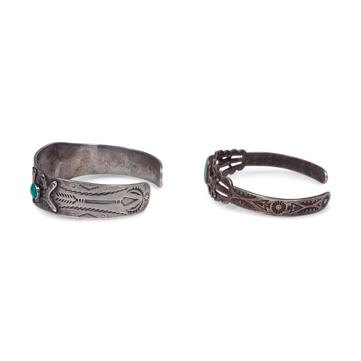 Pair of Fred Harvey Era Silver and Turquoise Cuff Bracelets, with Canine Motifs