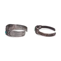 Pair of Fred Harvey Era Silver and Turquoise Cuff Bracelets, with Canine Motifs