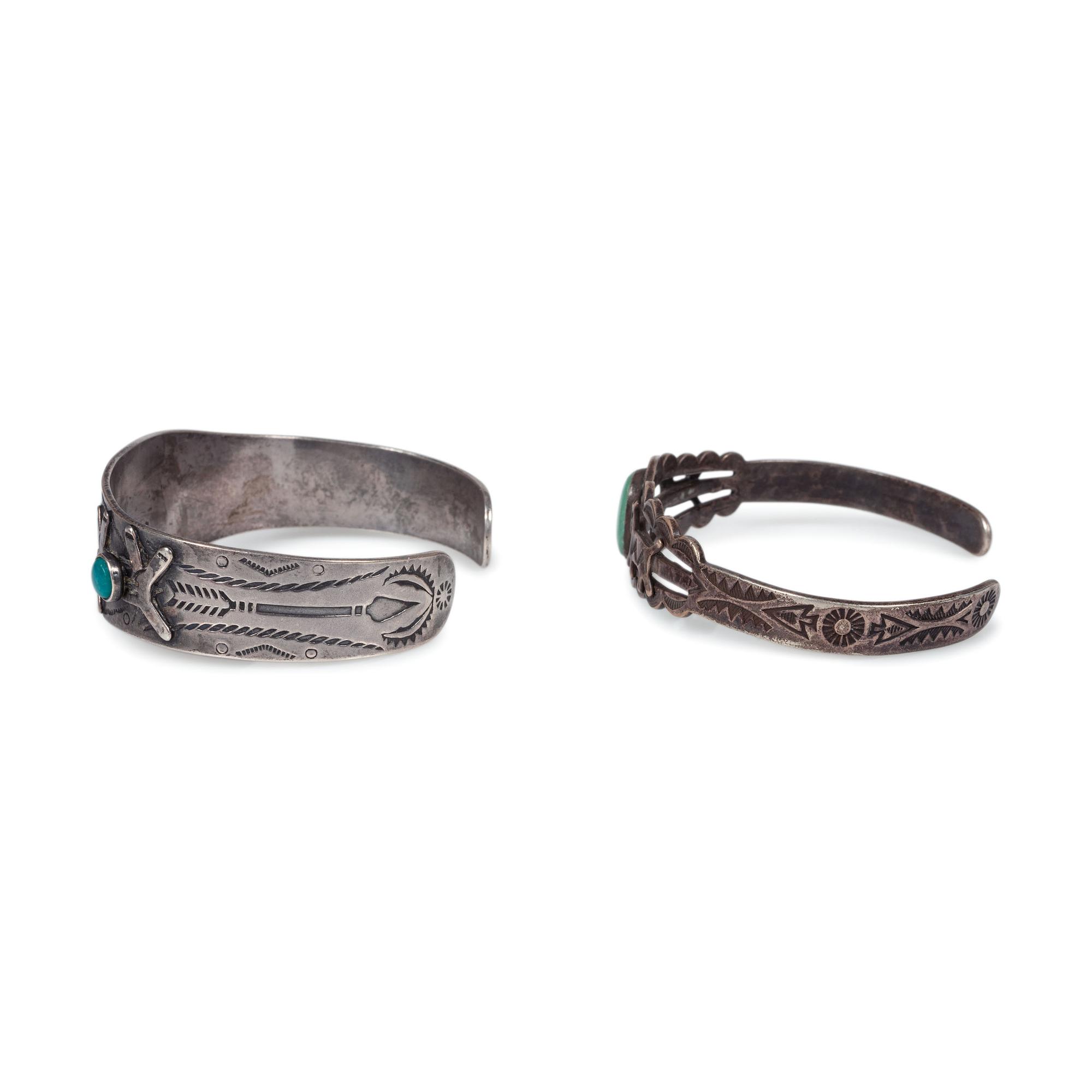 Pair of Fred Harvey Era Silver and Turquoise Cuff Bracelets, with Canine Motifs