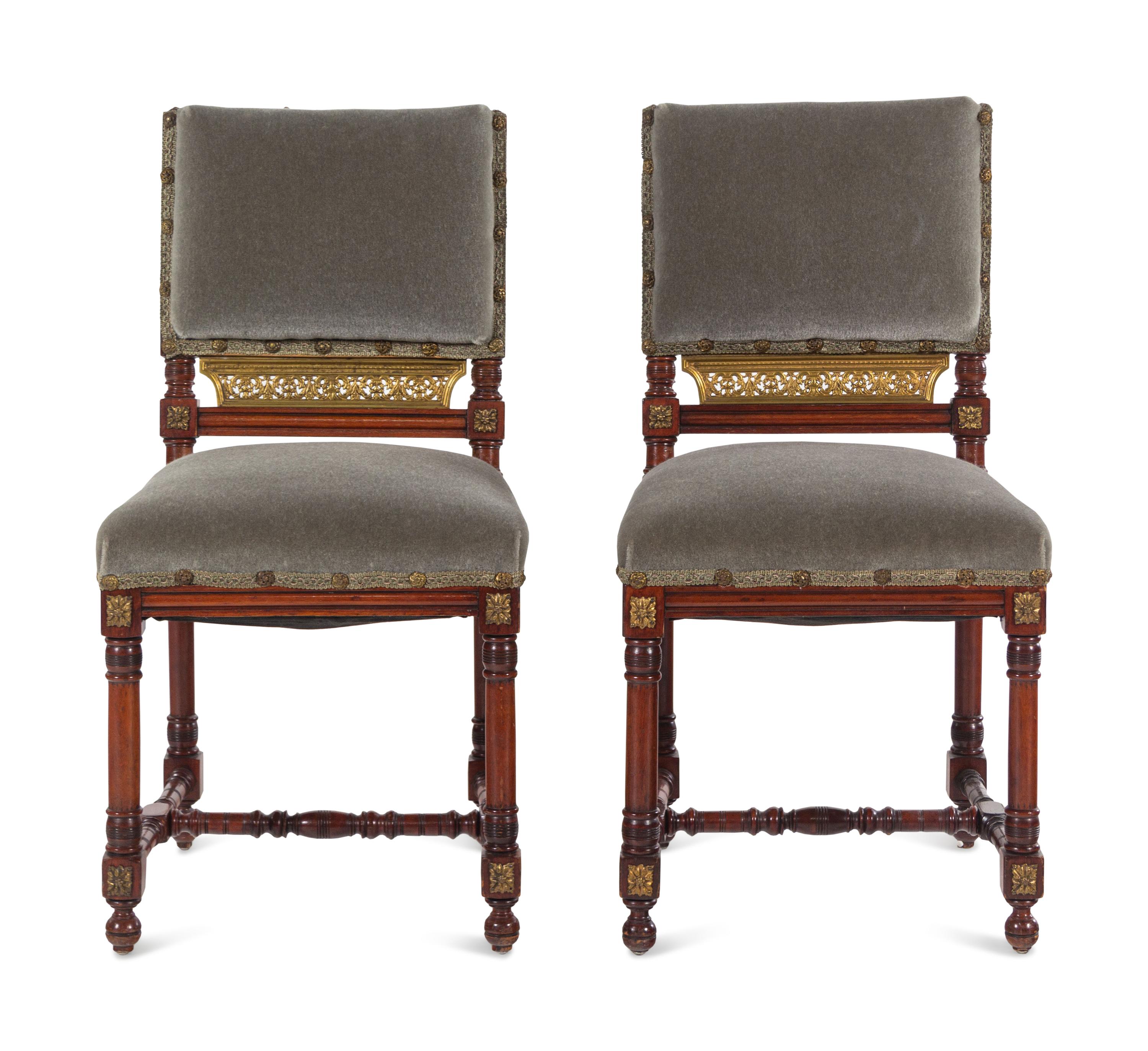 A Pair of Continental Gilt Bronze Mounted Walnut Side Chairs
