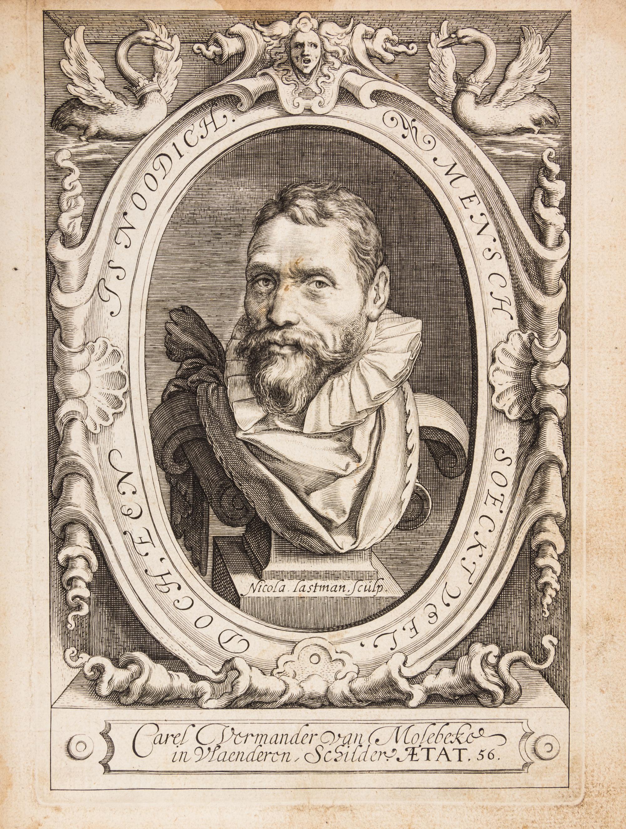 MANDER, CAREL VAN. Het Schilder-Boeck... Amsterdam, 1616-1618. 6 parts in one. Important work of 175 biographies of European painters.