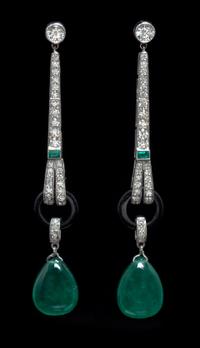 A Pair of 18 Karat White Gold, Emerald, Onyx and Diamond Earrings, 5.00 dwts.