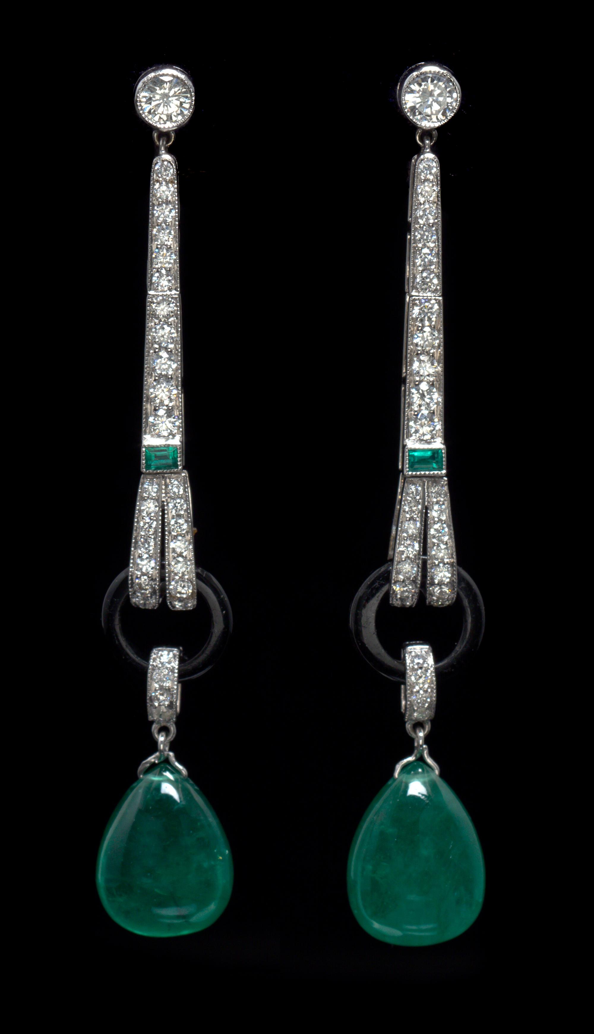 A Pair of 18 Karat White Gold, Emerald, Onyx and Diamond Earrings, 5.00 dwts.