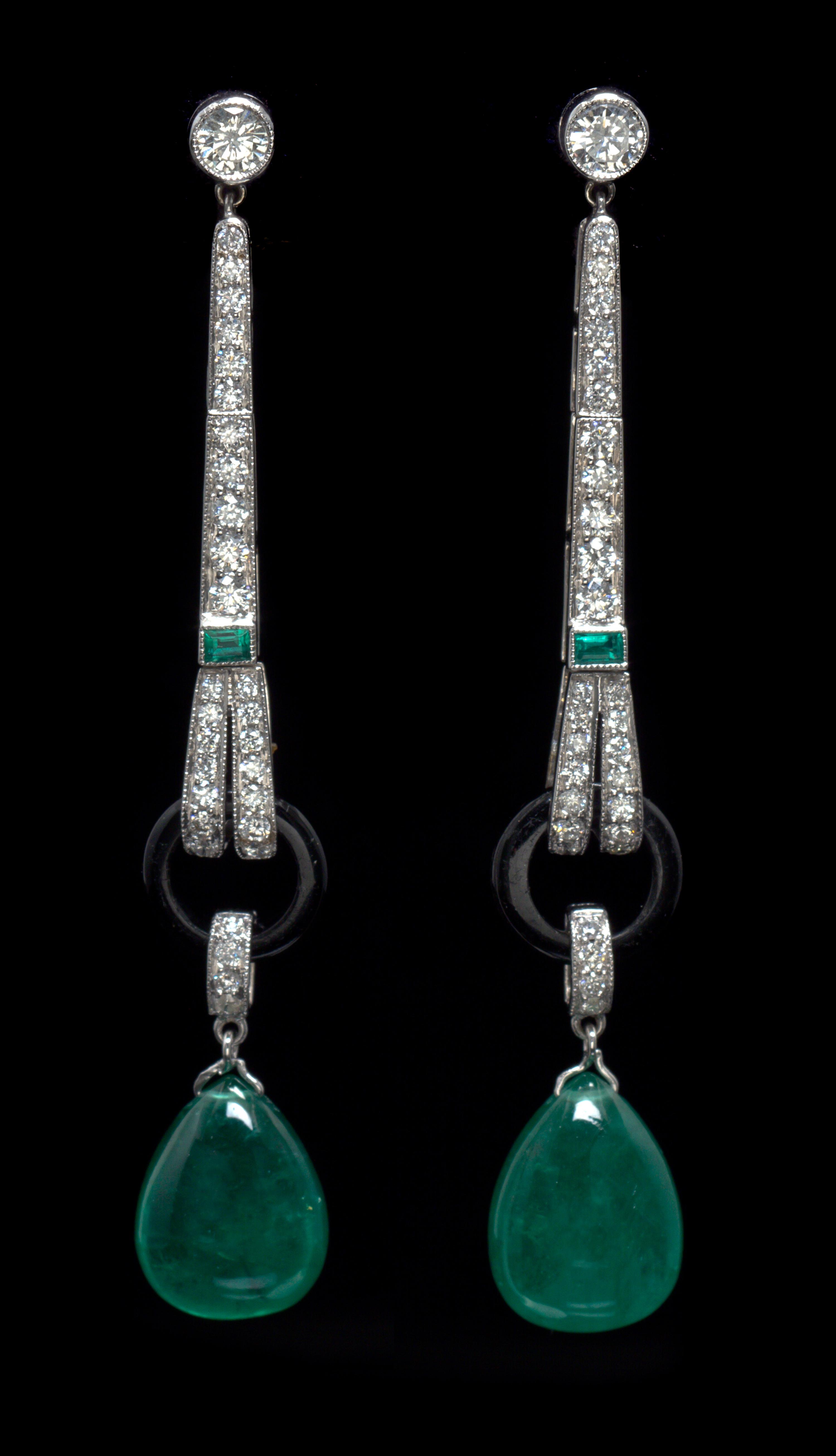 A Pair of 18 Karat White Gold, Emerald, Onyx and Diamond Earrings, 5.00 dwts.