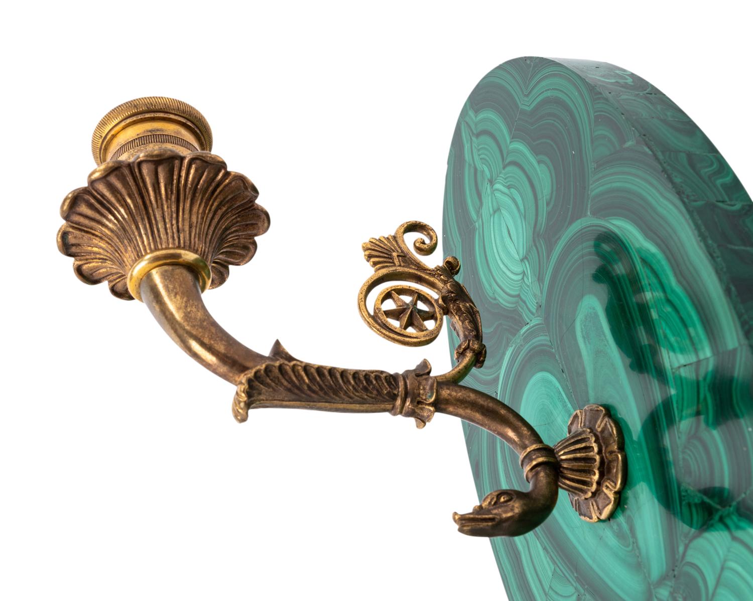 A Pair of Gilt Metal and Malachite Veneered Single-Light Sconces