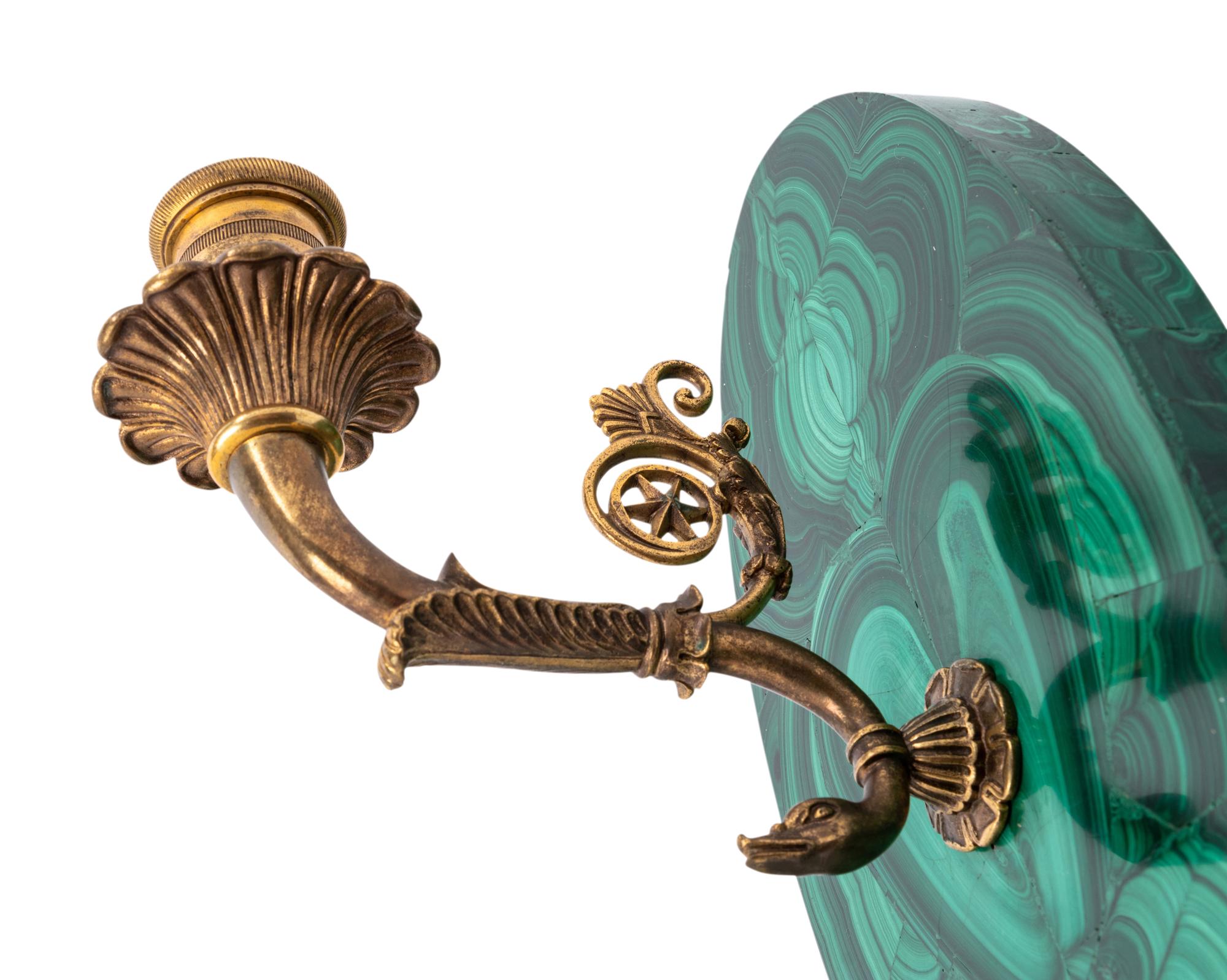 A Pair of Gilt Metal and Malachite Veneered Single-Light Sconces