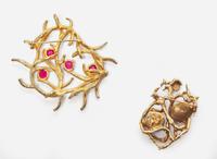 A Pair of Gold and Gemstone Brooches