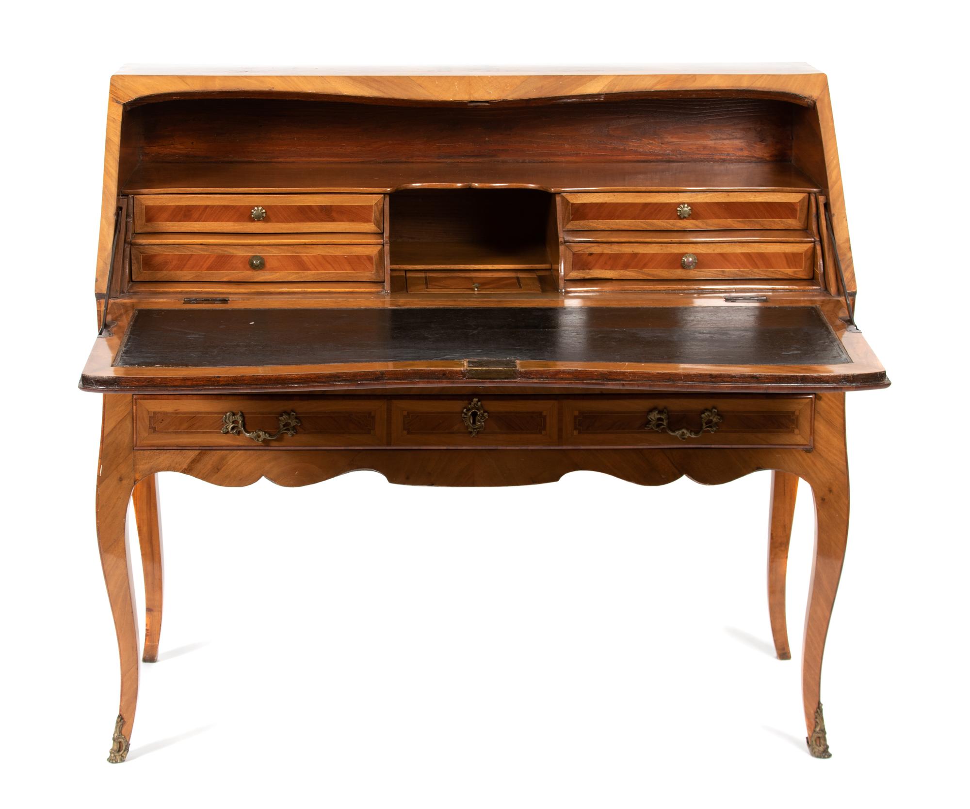 An Italian Rococo Style Olivewood and Parquetry Slant Front Desk Height 40 1/2 x width 44 1/2 x depth 20 inches. — EARLY 20TH CENTURY
